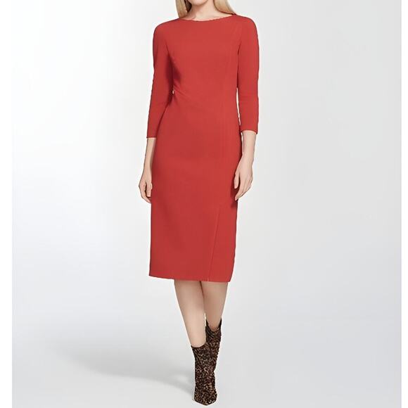 Lafayette 148 New York Aldrich Dress 3/4 Sleeve Boat Neck Midi Carnelian Red 18 - Picture 1 of 10
